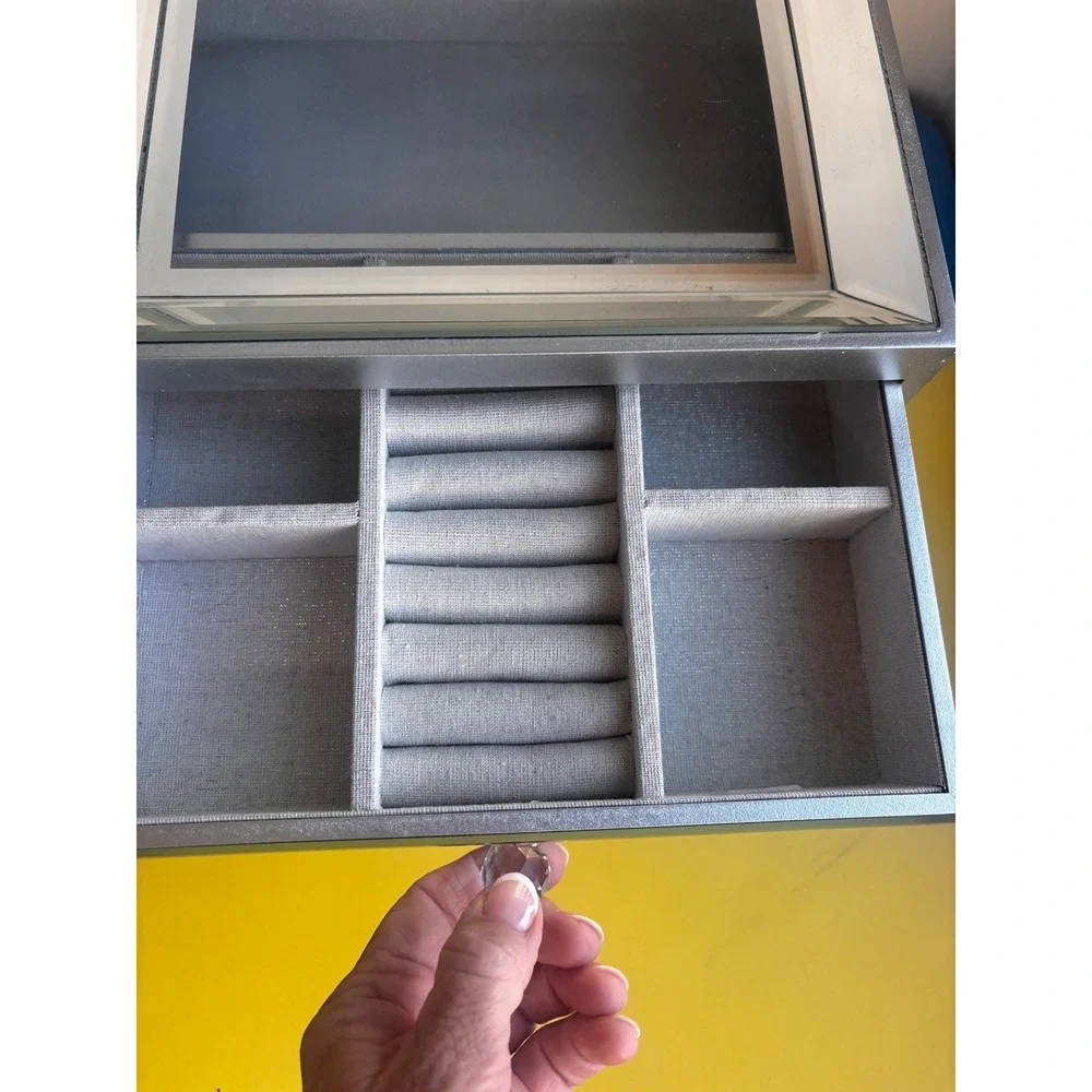 Mirrored 3 Drawer Jewelry Box Glass Top Crystal Knobs Silver Vanity Organizer